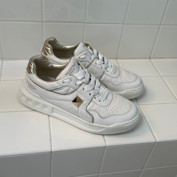Valentino Shoes - Valentino White Leather Sneakers with Gold Trim.  Authentic